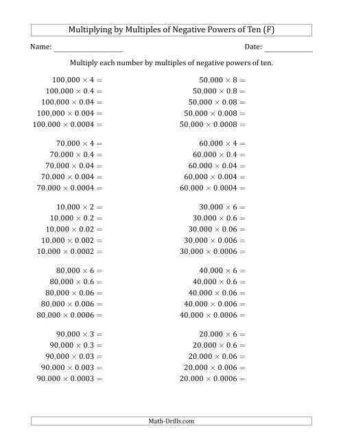 The Learning to Multiply Numbers (Range 1 to 10) by Multiples of Negative Powers of Ten in Standard Form (Whole Number Answers) (F) Math Worksheet