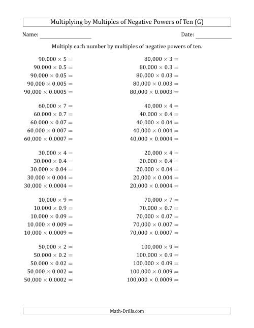 The Learning to Multiply Numbers (Range 1 to 10) by Multiples of Negative Powers of Ten in Standard Form (Whole Number Answers) (G) Math Worksheet