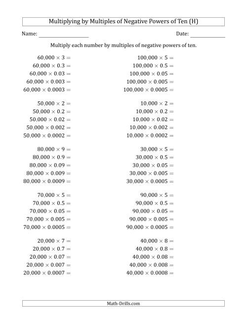 The Learning to Multiply Numbers (Range 1 to 10) by Multiples of Negative Powers of Ten in Standard Form (Whole Number Answers) (H) Math Worksheet