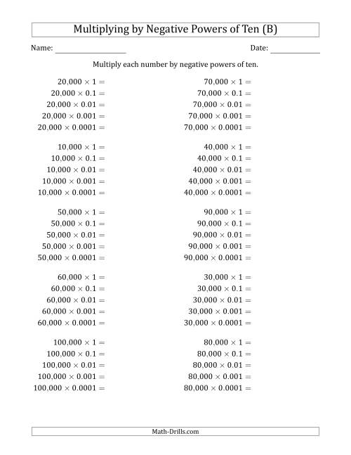 The Learning to Multiply Numbers (Range 1 to 10) by Negative Powers of Ten in Standard Form (Whole Number Answers) (B) Math Worksheet