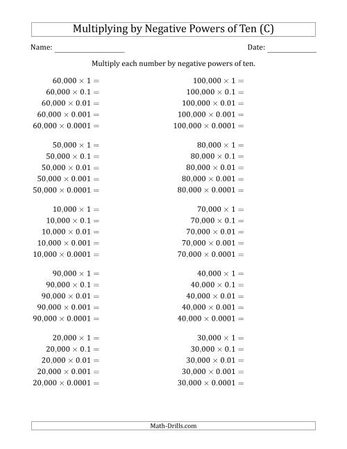 The Learning to Multiply Numbers (Range 1 to 10) by Negative Powers of Ten in Standard Form (Whole Number Answers) (C) Math Worksheet