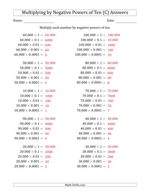The Learning to Multiply Numbers (Range 1 to 10) by Negative Powers of Ten in Standard Form (Whole Number Answers) (C) Math Worksheet Page 2