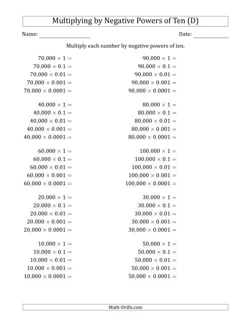 The Learning to Multiply Numbers (Range 1 to 10) by Negative Powers of Ten in Standard Form (Whole Number Answers) (D) Math Worksheet