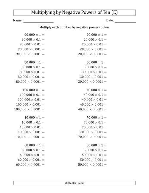 The Learning to Multiply Numbers (Range 1 to 10) by Negative Powers of Ten in Standard Form (Whole Number Answers) (E) Math Worksheet
