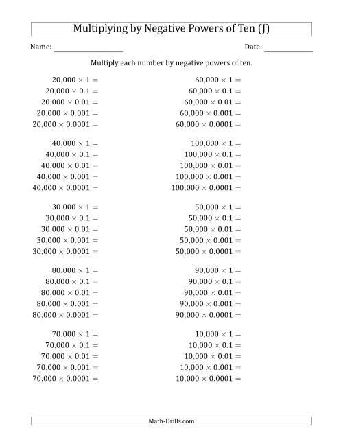 The Learning to Multiply Numbers (Range 1 to 10) by Negative Powers of Ten in Standard Form (Whole Number Answers) (J) Math Worksheet