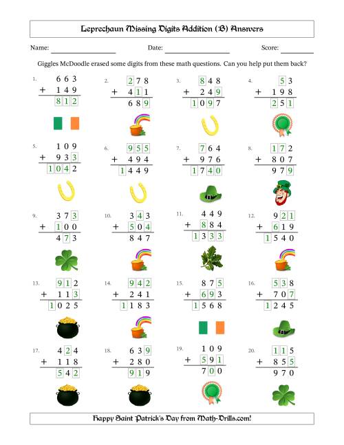 The Leprechaun Missing Digits Addition (Easier Version) (B) Math Worksheet Page 2
