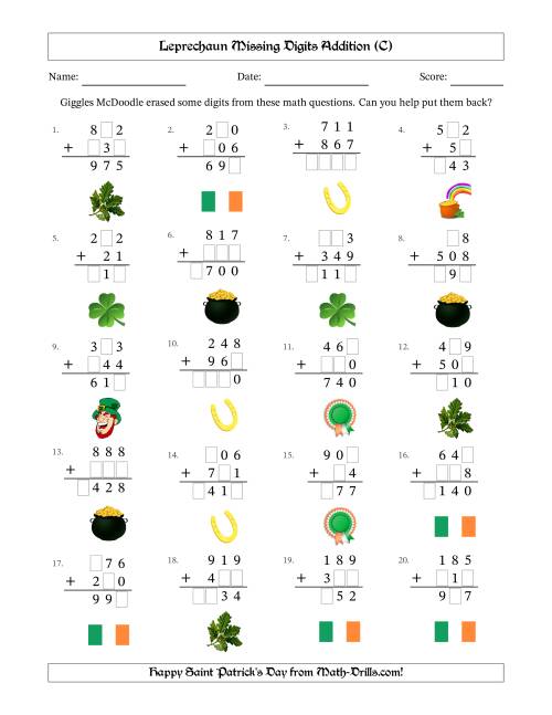 The Leprechaun Missing Digits Addition (Easier Version) (C) Math Worksheet
