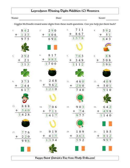 The Leprechaun Missing Digits Addition (Easier Version) (C) Math Worksheet Page 2