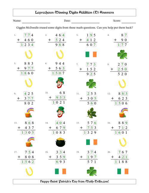 The Leprechaun Missing Digits Addition (Easier Version) (D) Math Worksheet Page 2