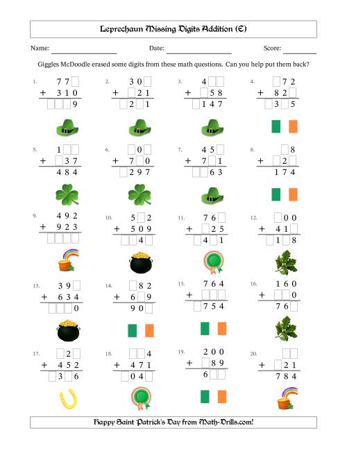 The Leprechaun Missing Digits Addition (Easier Version) (E) Math Worksheet