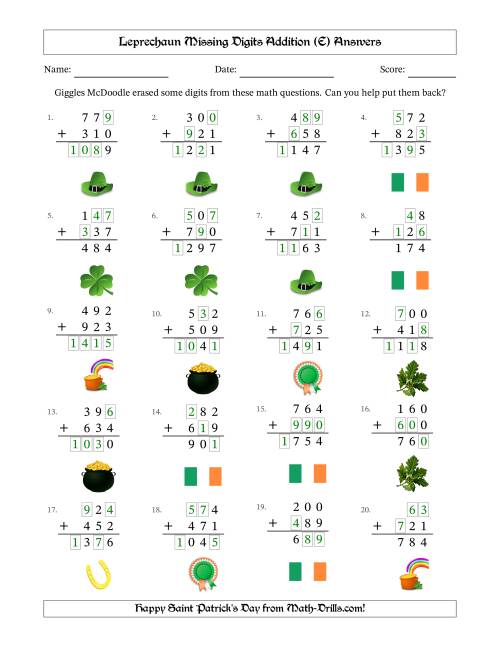 The Leprechaun Missing Digits Addition (Easier Version) (E) Math Worksheet Page 2