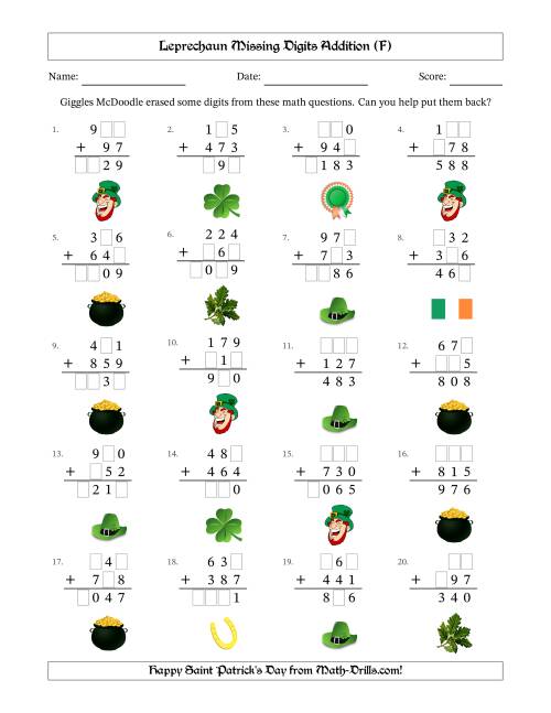 The Leprechaun Missing Digits Addition (Easier Version) (F) Math Worksheet