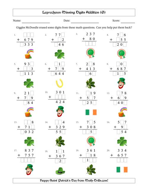 The Leprechaun Missing Digits Addition (Easier Version) (G) Math Worksheet
