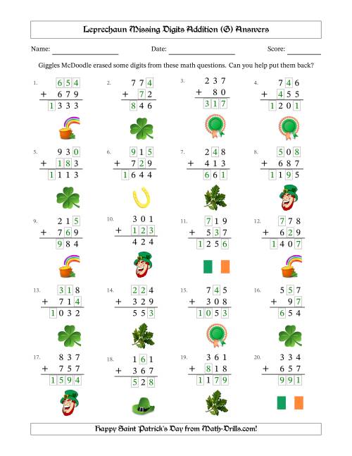 The Leprechaun Missing Digits Addition (Easier Version) (G) Math Worksheet Page 2