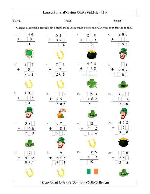 The Leprechaun Missing Digits Addition (Easier Version) (H) Math Worksheet