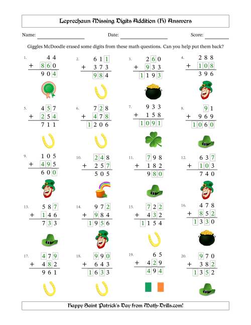 The Leprechaun Missing Digits Addition (Easier Version) (H) Math Worksheet Page 2