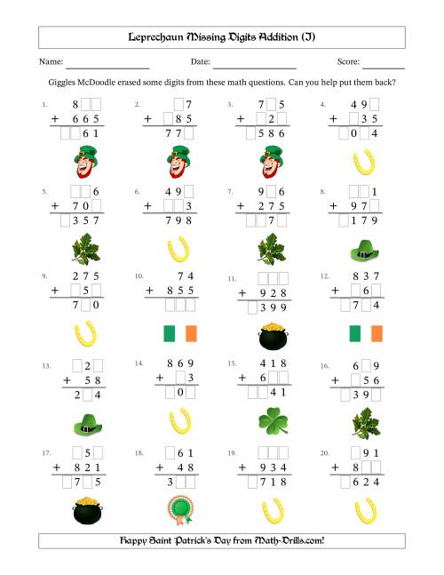 The Leprechaun Missing Digits Addition (Easier Version) (I) Math Worksheet