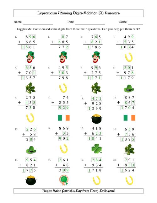 The Leprechaun Missing Digits Addition (Easier Version) (I) Math Worksheet Page 2
