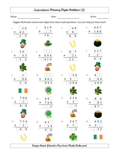The Leprechaun Missing Digits Addition (Easier Version) (J) Math Worksheet