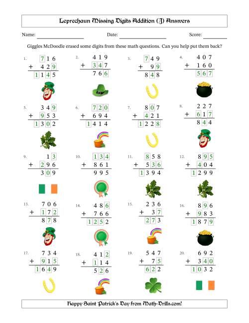 The Leprechaun Missing Digits Addition (Easier Version) (J) Math Worksheet Page 2