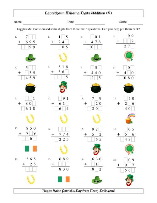The Leprechaun Missing Digits Addition (Easier Version) (All) Math Worksheet