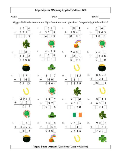 The Leprechaun Missing Digits Addition (Harder Version) (C) Math Worksheet
