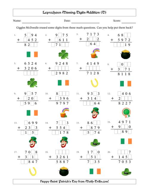 The Leprechaun Missing Digits Addition (Harder Version) (D) Math Worksheet