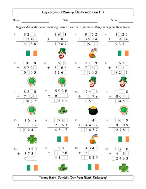 The Leprechaun Missing Digits Addition (Harder Version) (F) Math Worksheet