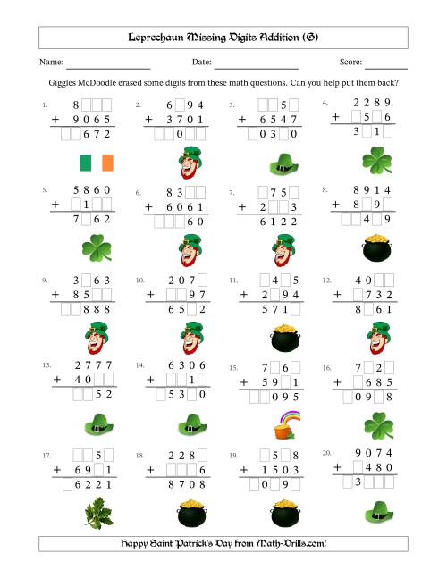 The Leprechaun Missing Digits Addition (Harder Version) (G) Math Worksheet