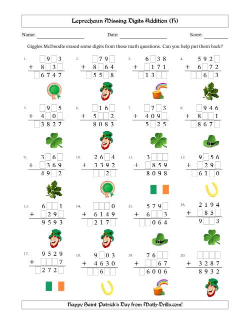 The Leprechaun Missing Digits Addition (Harder Version) (H) Math Worksheet