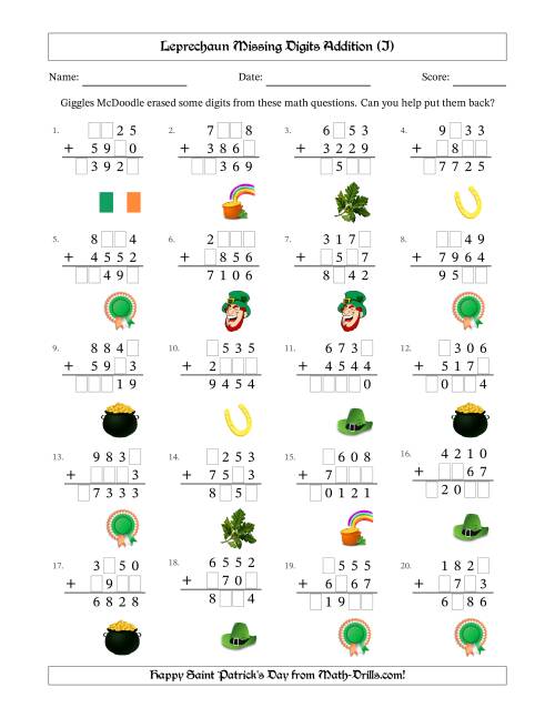 The Leprechaun Missing Digits Addition (Harder Version) (I) Math Worksheet