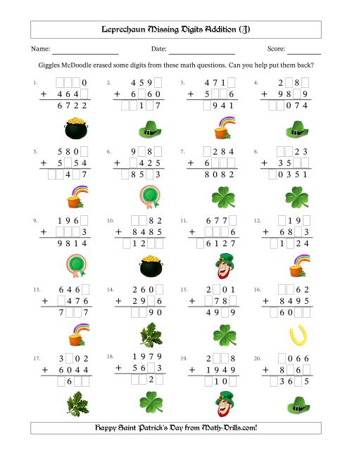 The Leprechaun Missing Digits Addition (Harder Version) (J) Math Worksheet