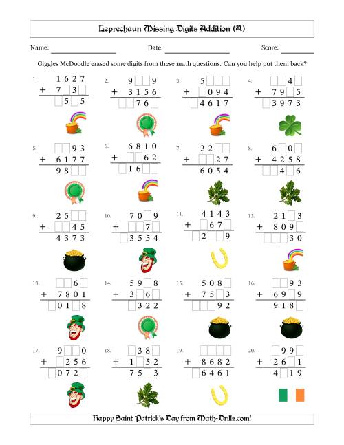 The Leprechaun Missing Digits Addition (Harder Version) (All) Math Worksheet