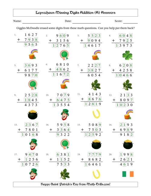 The Leprechaun Missing Digits Addition (Harder Version) (All) Math Worksheet Page 2
