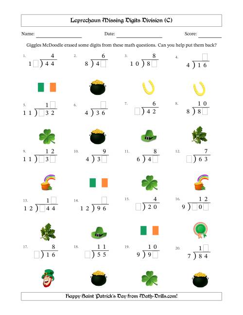 The Leprechaun Missing Digits Division (Easier Version) (C) Math Worksheet