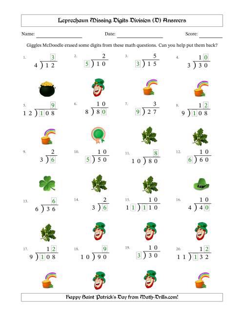 The Leprechaun Missing Digits Division (Easier Version) (D) Math Worksheet Page 2