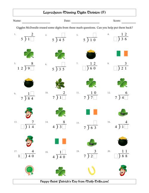 The Leprechaun Missing Digits Division (Easier Version) (F) Math Worksheet