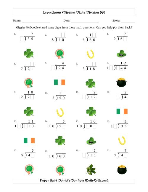 The Leprechaun Missing Digits Division (Easier Version) (G) Math Worksheet