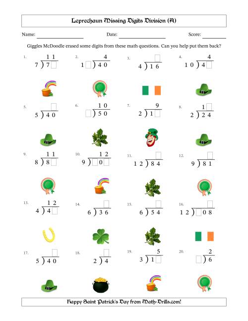 The Leprechaun Missing Digits Division (Easier Version) (All) Math Worksheet