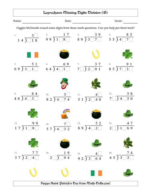 The Leprechaun Missing Digits Division (Harder Version) (B) Math Worksheet