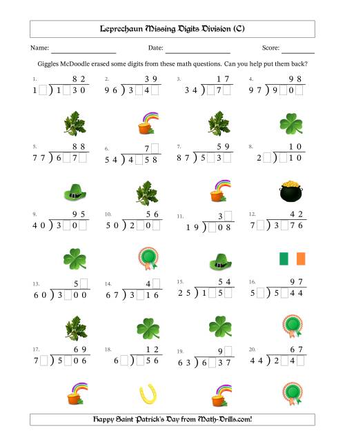 The Leprechaun Missing Digits Division (Harder Version) (C) Math Worksheet