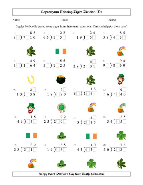 The Leprechaun Missing Digits Division (Harder Version) (D) Math Worksheet