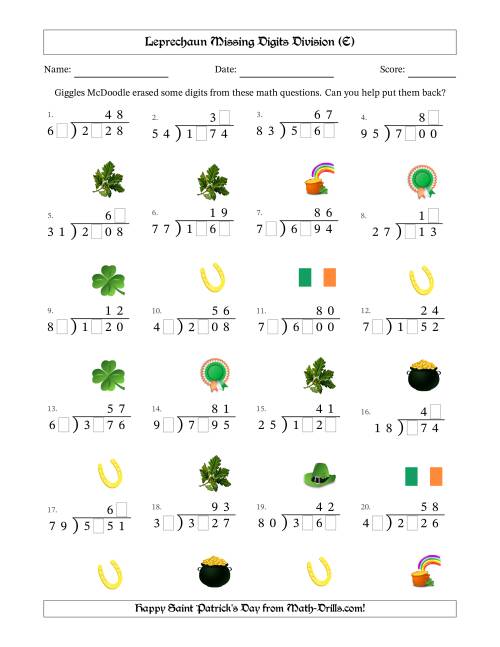 The Leprechaun Missing Digits Division (Harder Version) (E) Math Worksheet