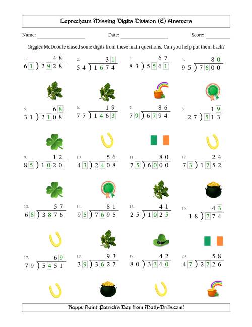 The Leprechaun Missing Digits Division (Harder Version) (E) Math Worksheet Page 2