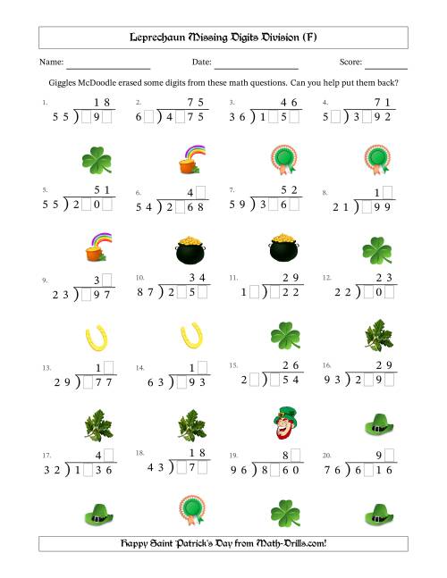 The Leprechaun Missing Digits Division (Harder Version) (F) Math Worksheet