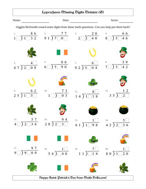 The Leprechaun Missing Digits Division (Harder Version) (G) Math Worksheet