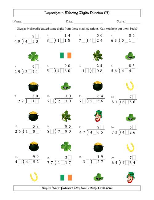 The Leprechaun Missing Digits Division (Harder Version) (H) Math Worksheet