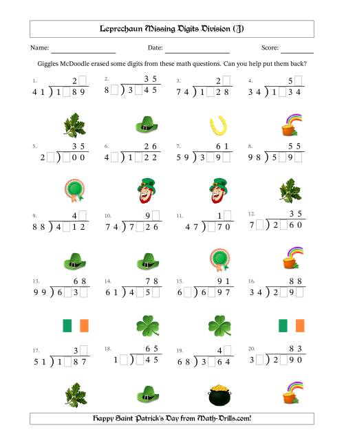 The Leprechaun Missing Digits Division (Harder Version) (J) Math Worksheet
