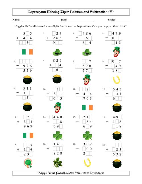 The Leprechaun Missing Digits Addition and Subtraction (Easier Version) (A) Math Worksheet
