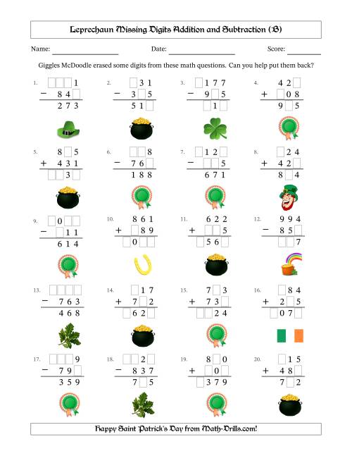 The Leprechaun Missing Digits Addition and Subtraction (Easier Version) (B) Math Worksheet